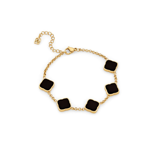 Black Enamel Multi Clover Bracelet - Gold