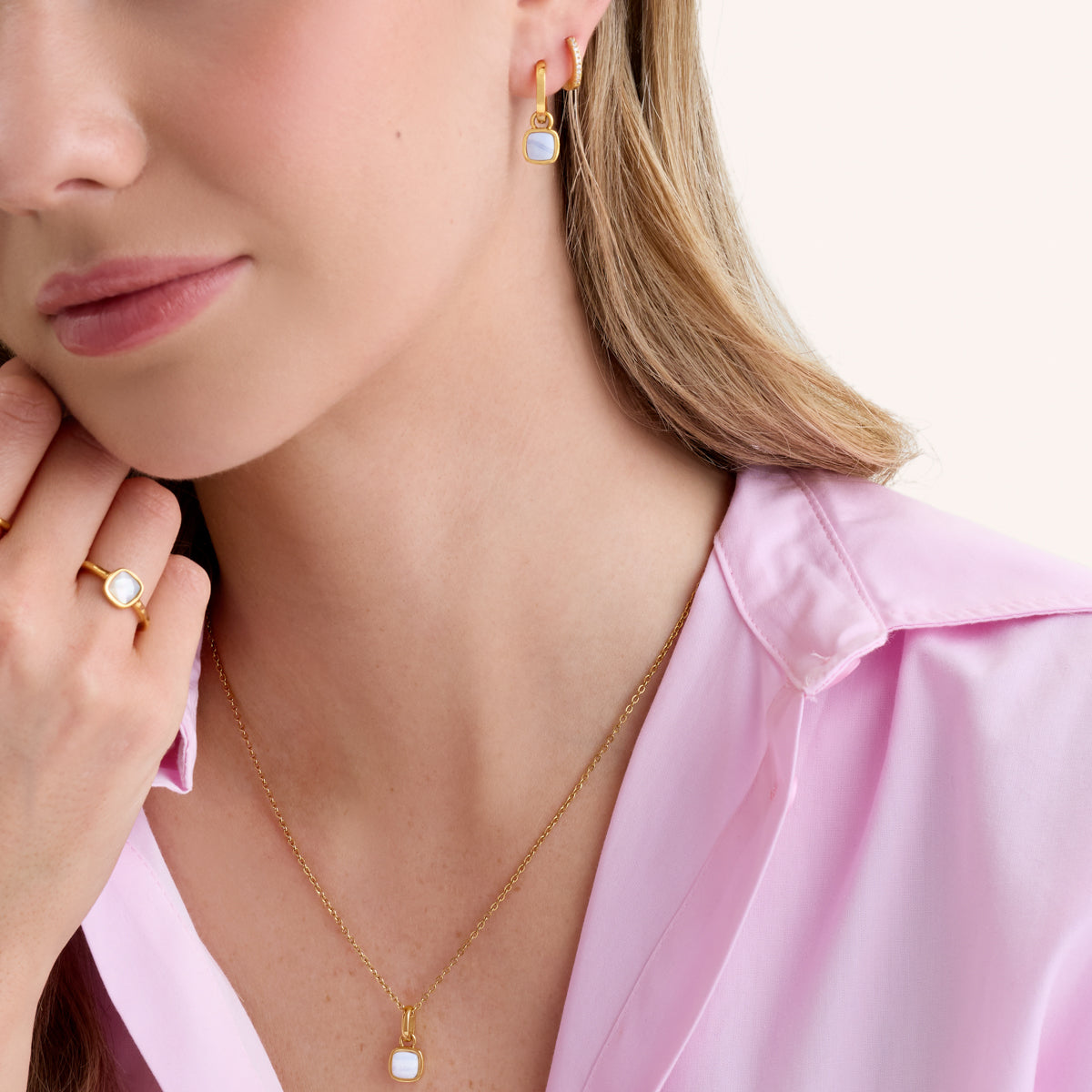 Blue Lace Agate Cushion Huggie Earrings (Gold)