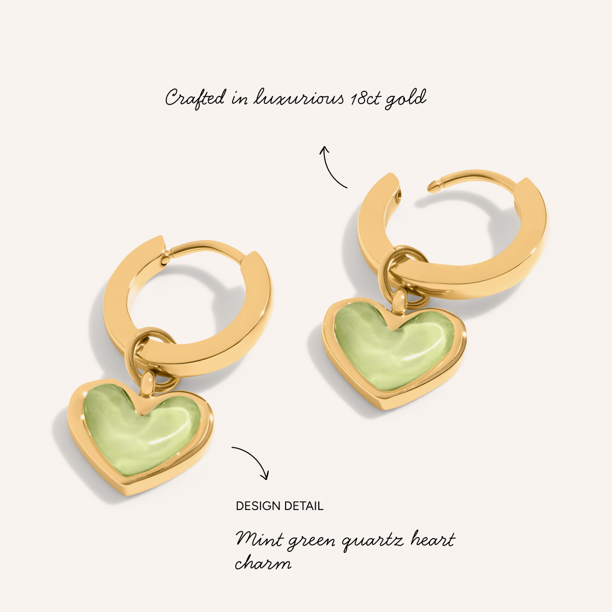 Mint Green Quartz Heart Huggie Earring Set (Gold)