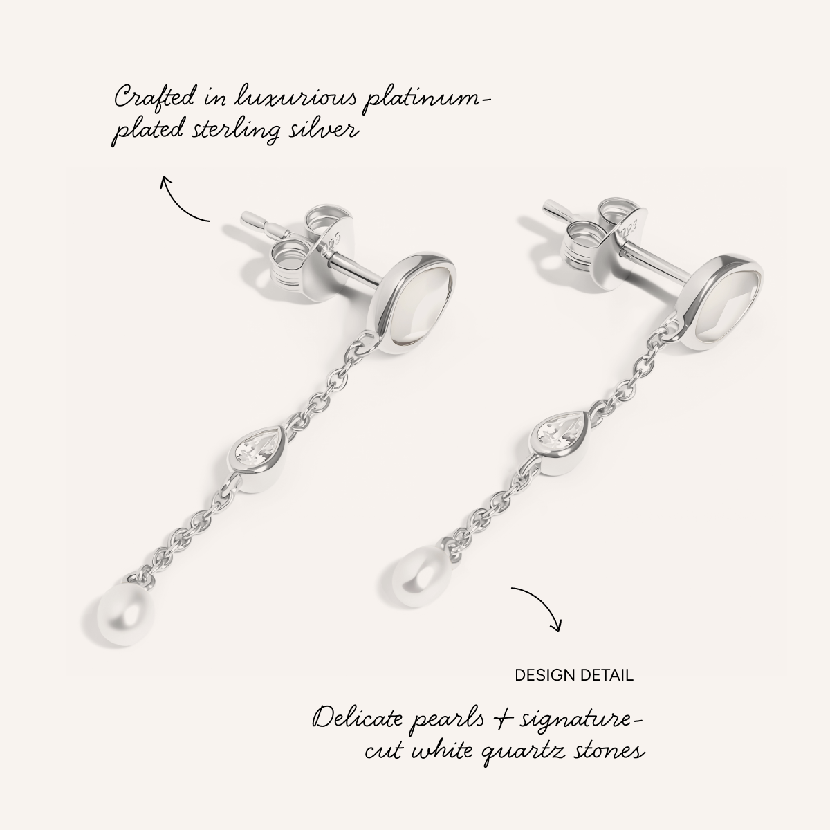 Modern Elegance Quartz & Pearl Drop Earrings (Silver)